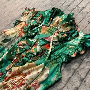 Nordstrom Lapis green floral satin ruffle blouse